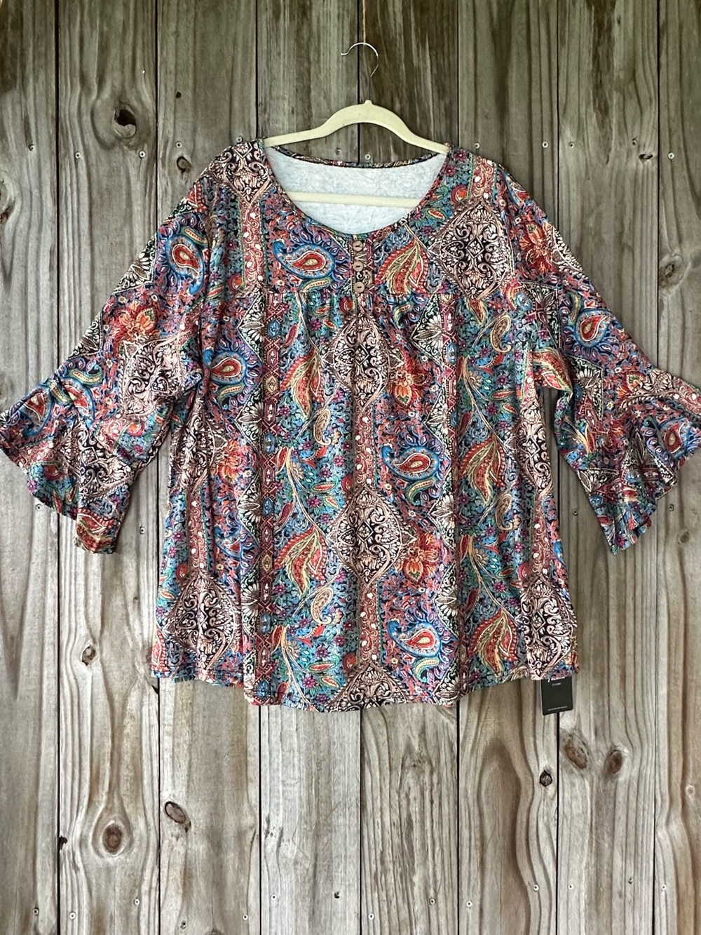 Paisley Scoop Neck Bell Sleeve Top Multicolor Women’s Size 3XL Bohemian Festival